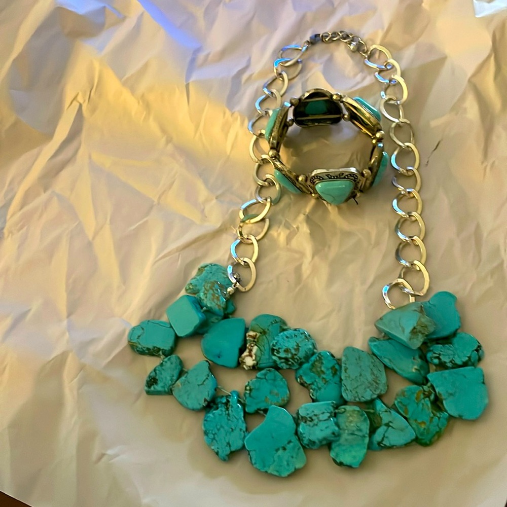 Turquoise and silver necklace and bracelet set